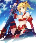  armor bikini_armor blonde_hair braid fate/apocrypha fate_(series) green_eyes is_ii midriff mordred_(fate) mordred_(fate)_(all) navel ponytail shorts sitting solo sword thighhighs weapon 