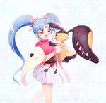  1girl animal blue_hair bracelet drawfag eye_contact facial_mark forehead_mark holding_animal jewelry looking_at_another masaki_sasami_jurai mawile open_mouth pokemon pokemon_(creature) red_eyes skirt standing tenchi_muyou! twintails white_skirt 