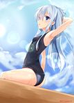  akabane_hibame arm_up armpits blue_eyes blue_hair hibiki_(kantai_collection) kantai_collection long_hair looking_at_viewer one-piece_swimsuit open_mouth school_swimsuit sitting solo swimsuit twitter_username wet 