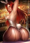 animal_ears arm_up armpits ass badcompzero bare_back blush breasts bunny_ears bunny_tail bunnysuit green_eyes highres katarina_du_couteau large_breasts league_of_legends light_smile lips long_hair pantyhose parted_lips red_hair scar scar_across_eye solo tail tattoo 