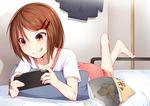  :q ass bag_of_chips barefoot bed bed_sheet black_jacket black_skirt blush brown_hair chips collarbone crossed_legs feet_up food hair_between_eyes hair_ornament hairclip handheld_game_console holding indoors jacket jacket_removed kisaragi_yuki_(sora_saki) kneepits legs_up lying on_bed on_stomach original pillow pink_shorts playing_games room shirt short_hair short_sleeves shorts skirt skirt_removed solo t-shirt the_pose toe_scrunch toes tongue tongue_out tsurime white_shirt 