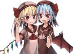  alternate_costume ascot bat_wings blonde_hair blue_hair blush crystal fang flandre_scarlet hat hat_ribbon looking_at_viewer multiple_girls open_mouth pointy_ears re-ka red_eyes remilia_scarlet ribbon sailor_collar school_uniform short_hair short_sleeves siblings side_ponytail simple_background sisters slit_pupils smile touhou upper_body v white_background wings 