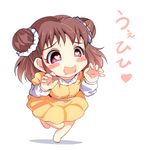  :d barefoot blush_stickers brown_hair chibi double_bun dress drooling full_body groping_motion heart heart-shaped_pupils idolmaster idolmaster_cinderella_girls munakata_atsumi natsu_(anta_tte_hitoha) open_mouth purple_eyes short_hair simple_background smile solo symbol-shaped_pupils wavy_mouth white_background 