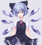  :d arms_at_sides black_bow black_dress bloomers blue_eyes blue_hair bow cirno collared_shirt cowboy_shot detached_wings dress eyebrows eyebrows_visible_through_hair hair_bow head_tilt highres ice ice_wings looking_at_viewer open_mouth red_ribbon ribbon shirt short_hair short_sleeves smile solo standing touhou tsurime underwear upskirt white_shirt wind wind_lift wings yuusei_tsukiro 