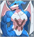  abs animal_genitalia anthro biceps digimon dragon exveemon genital_slit horn looking_at_viewer male manly mayar muscular navel nude pecs slit smile solo standing wings 