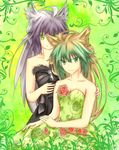  absurdres animal_ears atalanta_(fate) bangs bare_arms black_dress breasts cat_ears cleavage collarbone dress fate/apocrypha fate/grand_order fate_(series) floral_print flower fur_trim gradient_hair green_background green_dress green_eyes green_hair highres light_brown_hair long_hair looking_at_viewer multicolored_hair multiple_girls pink_flower pink_rose purple_hair rose smile strapless strapless_dress yin_man_tong_xing 
