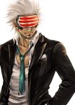  aqua_neckwear collarbone collared_shirt facial_hair facing_viewer godot goggles gyakuten_saiban hands_in_pockets head_mounted_display jacket long_sleeves looking_to_the_side male_focus mask necktie open_clothes open_jacket shirt simple_background solo stubble upper_body white_background white_hair yumi_(soak1111) 
