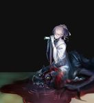  barefoot black_background blonde_hair blood blood_on_face bloodborne bloody_clothes cane fangs gloves grin iosefka monster murai_shinobu ponytail smile teeth threaded_cane tongue werewolf 