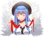  black_hat blue_hair bowler_hat breasts center_frills cleavage closed_eyes closed_mouth collarbone collared_shirt flower hat hinanawi_tenshi large_breasts long_hair necktie neropaso partially_colored red_neckwear shirt sidelocks simple_background smile solo touhou undone_necktie upper_body very_long_hair white_background white_shirt 