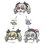  anchovy bad_id bad_twitter_id beret blue_eyes chart crossover directional_arrow drill_hair evolution girls_und_panzer green_hair ground_vehicle hair_ribbon hat head_only idolmaster idolmaster_cinderella_girls kantai_collection kanzaki_ranko kashima_(kantai_collection) long_hair military military_vehicle motor_vehicle multiple_girls parody pokemon red_eyes ribbon rodney ship silver_hair tank trait_connection translated twin_drills twintails watercraft wavy_hair 