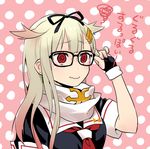  @_@ adjusting_eyewear bespectacled blonde_hair check_translation fingerless_gloves glasses gloves hair_flaps hair_ornament hair_ribbon hairclip kantai_collection long_hair poi polka_dot polka_dot_background red_eyes remodel_(kantai_collection) ribbon scarf school_uniform serafuku solo squiggle translation_request tsuneo_(kaijou_noumu) upper_body wavy_mouth yuudachi_(kantai_collection) 