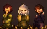  1boy androgynous artist_name asriel_dreemurr brown_eyes brown_hair caribun chara_(undertale) closed_eyes covering_ears covering_one_eye expressionless eyes_closed frisk_(undertale) grey_background long_sleeves monster_boy one_eye_closed shirt short_hair simple_background sitting spoilers striped striped_shirt sweater three_monkeys undertale upper_body 