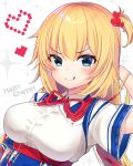  1girl :q akai_haato bangs blonde_hair blue_eyes blush breasts closed_mouth collared_shirt commentary_request copyright_name dutch_angle eyebrows_visible_through_hair gyozanuko hair_between_eyes hair_ornament hand_up heart heart_hair_ornament highres hololive long_hair medium_breasts neck_ribbon one_side_up pixel_art red_ribbon ribbon shirt short_sleeves sidelocks simple_background smile solo sparkle tongue tongue_out virtual_youtuber white_background white_shirt 
