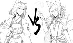  2girls animal_ear_fluff animal_ears bare_shoulders belt cape detached_sleeves eyebrows_visible_through_hair fire fox_ears fox_girl fox_tail greyscale hand_on_hip hand_up highres leaf leaf_on_head less medium_hair monochrome multiple_girls multiple_tails ponytail raccoon_ears simple_background smile smirk tail v-shaped_eyebrows vs 