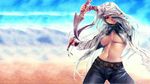  1girl belt breasts dagger denim dual_wielding jeans knife large_breasts long_hair looking_at_viewer navel no_bra open_clothes open_shirt original pants parted_lips red_eyes rezi shirt silver_hair solo standing tan underboob weapon white_hair 