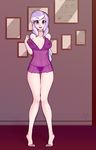  1girl blue_eyes diamond_tiara frame looking_at_viewer multicolored_hair my_little_pony my_little_pony_friendship_is_magic navel negligee open_mouth purple_panties scorpdk smile solo standing teeth tongue undressing 
