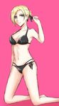  annie_leonhardt bikini black_bikini blonde_hair blue_eyes breasts cleavage collarbone folded_ponytail frown halter_top halterneck kneeling lips medium_breasts mei_(mei_5) navel pink_background shingeki_no_kyojin short_hair side-tie_bikini simple_background solo swimsuit 