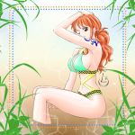  bare_arms bare_shoulders bikini breasts brown_eyes curvy female legs long_hair nami_(one_piece) one_eye_open one_piece orange_hair pixiv_id_24458387 sitting smile solo stomach swimsuit tattoo thighs tied-hair wink 