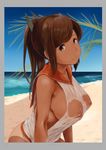  alternate_breast_size beach border breasts brown_eyes brown_hair covered_nipples day grey_border highres i-401_(kantai_collection) kantai_collection large_breasts long_hair looking_at_viewer nipples outdoors palm_tree plant ponytail sand see-through shore sketch solo tan tanline tree upper_body wa_(genryusui) water 