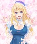  :d atago_(kantai_collection) beret blonde_hair blue_eyes blue_hat blush breasts buttons cherry_blossoms cleavage cleavage_cutout collared_shirt hands_up hat head_tilt kantai_collection lace lace-trimmed_sleeves large_breasts long_hair long_sleeves looking_at_viewer open_hand open_mouth petals ribbed_sweater round_teeth shirt smile solo striped sweater teeth upper_body vertical_stripes very_long_hair white_shirt yahako 