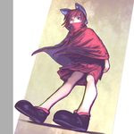  1girl boots cape chromatic_aberration dutch_angle from_below full_body gengoroumaru_(ambidextrous) hair_ribbon looking_at_viewer looking_down red_eyes red_hair ribbon sekibanki shirt short_hair skirt solo touhou 