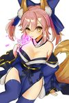  animal_ears blue_legwear breasts cleavage detached_sleeves fate/extra fate_(series) fox_ears fox_tail hair_ribbon japanese_clothes large_breasts looking_at_viewer omucchan_(omutyuan) pink_hair ribbon simple_background solo tail tamamo_(fate)_(all) tamamo_no_mae_(fate) white_background yellow_eyes 