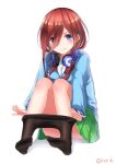  1girl absurdres bangs blue_cardigan blue_eyes blush brown_hair brown_legwear cardigan closed_mouth collared_shirt commentary_request dress_shirt eyebrows_visible_through_hair go-toubun_no_hanayome green_skirt hair_between_eyes head_tilt headphones headphones_around_neck highres honorikiti long_hair nakano_miku no_shoes pantyhose pantyhose_pull pleated_skirt pulled_by_self shadow shirt signature sitting skirt soles solo undressing white_background white_shirt 