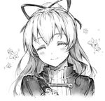  ^_^ blush closed_eyes closed_mouth facing_viewer flower granblue_fantasy greyscale hair_ribbon haoni head_tilt long_hair monochrome ponytail ribbon sketch smile solo sparkle upper_body vira_lilie 