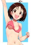  :d antenna_hair arm_up armpits bare_shoulders blue_background blush border bouncing_breasts breasts brown_eyes brown_hair cleavage clenched_hand collarbone hidaka_ai idolmaster idolmaster_dearly_stars jumping midriff navel open_mouth outside_border pettan_p round_teeth short_hair simple_background small_breasts smile solo stomach sweat sweatdrop tareme teeth unaligned_breasts underboob upper_body white_border 