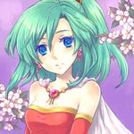  blue_eyes breasts cape cleavage detached_sleeves dress earrings final_fantasy final_fantasy_vi green_hair jewelry long_hair ponytail ribbon saikachi_(ogre_tree) small_breasts solo strapless strapless_dress tina_branford 