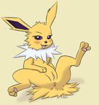  2016 anus blush canine eeveelution ellistia female feral jolteon looking_at_viewer mammal nintendo nude open_mouth paws pok&eacute;mon presenting pussy pussy_juice simple_background smile solo spread_legs spreading tongue tongue_out video_games 