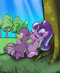  2016 burning-heart-brony dragon duo equine eyes_closed female feral friendship_is_magic hair hi_res horn kissing lying mammal my_little_pony on_side outside scalie spike_(mlp) starlight_glimmer_(mlp) tree unicorn 