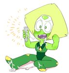  blush bodysuit cartoon_network cum doyagao fangs forehead_jewel gnome-no green_hair green_skin peridot_(steven_universe) simple_background sitting smile solo steven_universe suggestive_fluid sweat test_tube visor white_background 