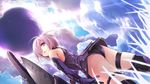  :o armor ass bare_shoulders cloud day elbow_gloves fallstreak_hole fate/grand_order fate_(series) gloves grass hair_over_one_eye highres looking_back mash_kyrielight pink_hair purple_eyes shield short_hair sky solo thigh_strap thighhighs yoco_n02 