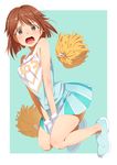  :o aqua_background bare_legs bare_shoulders blush bob_cut brown_eyes brown_hair cheerleader covering covering_crotch embarrassed full_body gloves hagiwara_yukiho idolmaster idolmaster_(classic) knees_together_feet_apart looking_at_viewer no_socks open_mouth pettan_p pleated_skirt pom_poms shoes short_hair skirt sleeveless solo squatting sweat tears v_arms white_gloves 