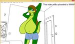  big_breasts blue_eyes breasts brown_hair clothed clothing female hair huge_breasts lizard reptile samantha_brooks sarcolopter scalie simple_background solo standing topless 