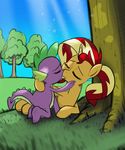  2016 burning-heart-brony dragon duo equestria_girls equine eyes_closed female feral friendship_is_magic hair hi_res horn kissing lying mammal multicolored_hair my_little_pony on_side outside scalie spike_(mlp) sunset_shimmer_(eg) tree two_tone_hair unicorn 