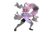  6_arms akil bandage black_eyes black_skin chinese_clothing chinese_dress clothing cofagrigus datbritishmexican dress female fighting_stance ghost ghost_arms hair hairband long_hair nintendo pok&eacute;mon ponytail purple_hair red_sclera shorts spirit thick_thighs video_games wide_hips 