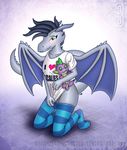  abstract_background ayira-ianah black_hair blue_skin blush bottomless browniecomicwriter clothed clothing dragon female flat_chested friendship_is_magic hair hi_res horn kneeling legwear looking_at_viewer my_little_pony raised_tail scalie shirt signature silver_scales silver_skin socks solo spike_(mlp) striped_legwear striped_socks stripes thigh_highs wings yellow_eyes 