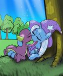  2016 burning-heart-brony dragon duo equine eyes_closed female feral friendship_is_magic hair hat hi_res horn kissing long_hair lying mammal my_little_pony on_side outside scalie spike_(mlp) tree trixie_(mlp) unicorn wizard_hat 