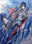  alternate_costume armor bad_id bad_pixiv_id blue_eyes cape crystal gauntlets headband league_of_legends male_focus red_cape shoulder_spikes signature solo spiked_knuckles spikes taric traditional_media warhammer weapon yeshi 