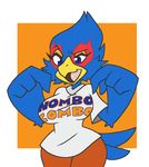  2016 anthro avian beak bird blue_feathers breasts clothed clothing crossgender falco_lombardi feathers female nintendo open_mouth praiz shirt simple_background solo star_fox tail_feathers tongue video_games wide_hips wings 