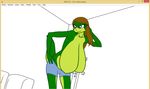  bent_over big_breasts blue_eyes breasts brown_hair clothed clothing female hair hanging_breasts huge_breasts lizard reptile samantha_brooks sarcolopter scalie simple_background solo topless 