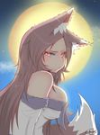  animal_ears breasts brown_hair commentary_request cube85 full_moon highres imaizumi_kagerou large_breasts long_hair moon pout red_eyes signature solo tail touhou wolf_ears wolf_tail 