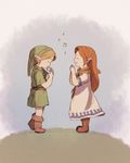  1girl beamed_eighth_notes belt blonde_hair boots brown_hair dress eighth_note hat instrument link long_hair maekakekamen malon musical_note ocarina pointy_ears red_hair short_hair the_legend_of_zelda the_legend_of_zelda:_ocarina_of_time tunic young_link 