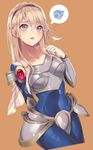  absurdres armor blonde_hair blue_eyes blush breasts gloves highres league_of_legends long_hair looking_at_viewer luxanna_crownguard medium_breasts open_mouth solo speech_bubble torano 