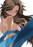  akiyoshi_haru bare_shoulders bikini bikini_top blush brown_eyes brown_hair earrings granblue_fantasy hand_in_hair jewelry katalina_aryze looking_at_viewer looking_back simple_background solo swimsuit white_background white_bikini wind 