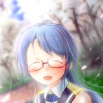  ^_^ bespectacled blue_hair blurry blush closed_eyes day depth_of_field dutch_angle face facing_viewer glasses grass hanami kantai_collection naviyu_elin open_mouth outdoors petals red-framed_eyewear samidare_(kantai_collection) semi-rimless_eyewear smile solo tree under-rim_eyewear 