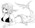  bad_id bad_pixiv_id banned_artist bikini_top breasts cleavage greyscale head_fins large_breasts lying mermaid monochrome monster_girl on_stomach short_hair solo touhou towako_(10wk0) wakasagihime 