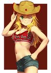  ;) absurdres ahoge bare_shoulders blonde_hair blush breasts cleavage commentary_request cowboy_hat crop_top denim denim_shorts green_eyes hand_on_hip hat highres hoshii_miki idolmaster idolmaster_(classic) long_hair looking_at_viewer medium_breasts midriff navel one_eye_closed pettan_p short_shorts shorts smile solo star star-shaped_pupils symbol-shaped_pupils 